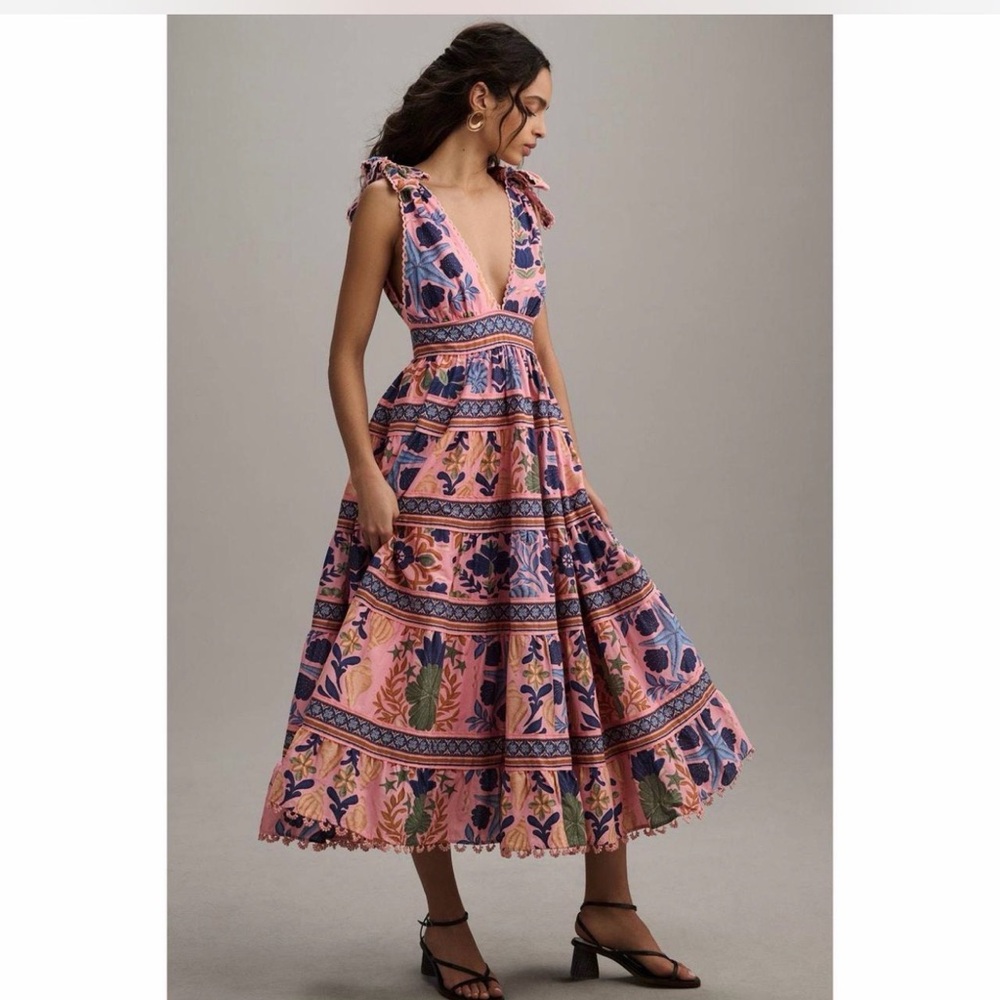FARM Rio Pink and Blue Patterned Midi Dress